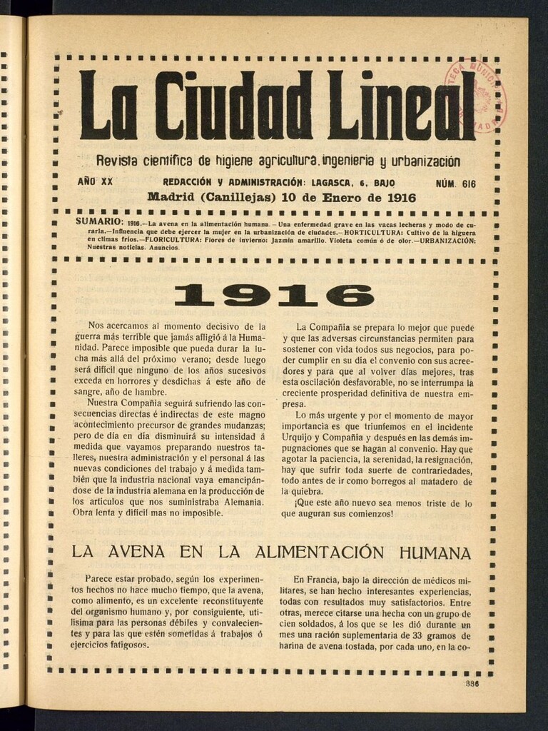 Miniatura de La Ciudad Lineal : órgano oficial de la Compañía Madrileña de Urbanización del 10 de enero de 1916