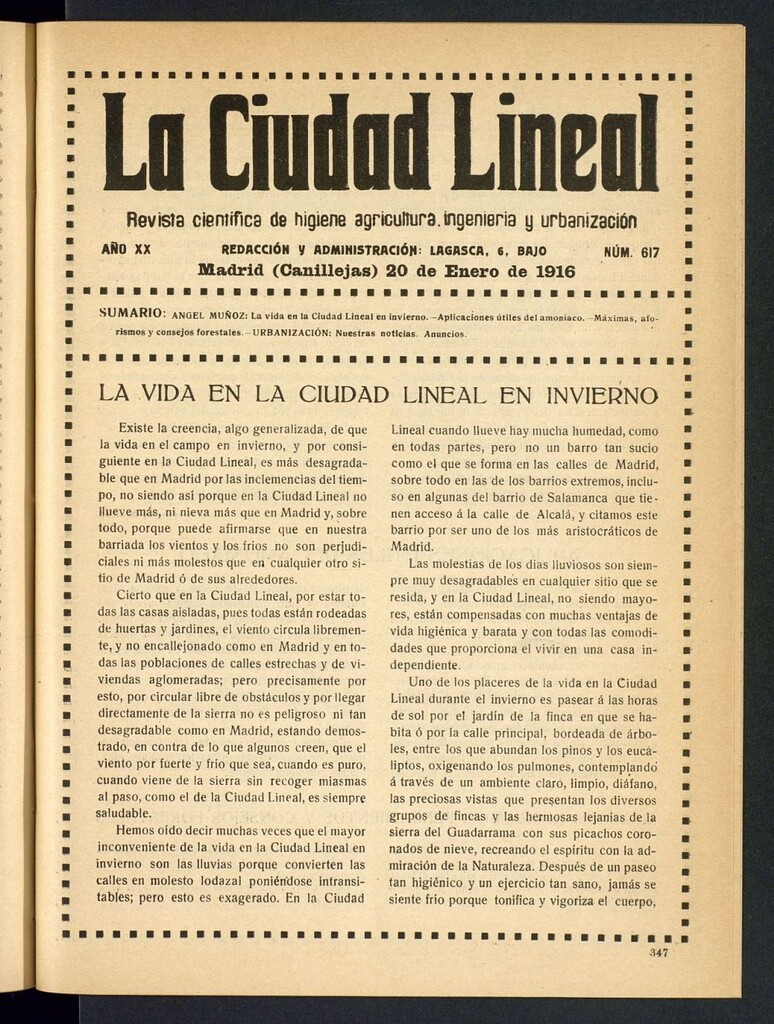 Miniatura de La Ciudad Lineal : órgano oficial de la Compañía Madrileña de Urbanización del 20 de enero de 1916