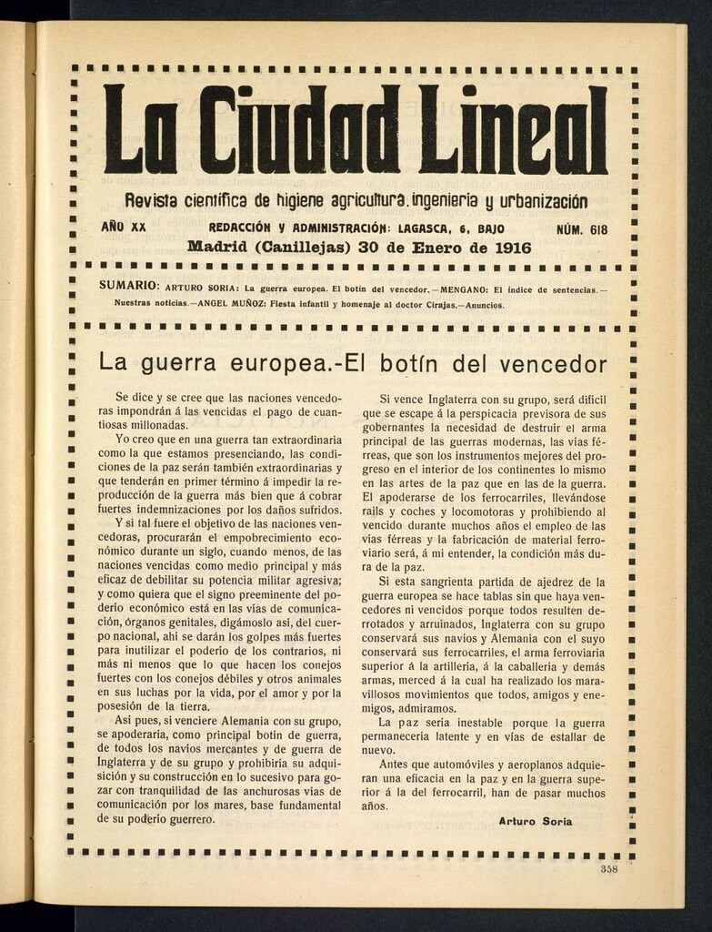 Miniatura de La Ciudad Lineal : órgano oficial de la Compañía Madrileña de Urbanización del 30 enero de 1916