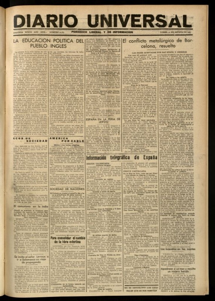 Miniatura de Diario Universal del 31 de agosto de 1931