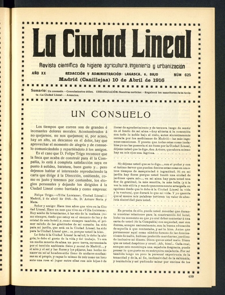 Miniatura de La Ciudad Lineal : órgano oficial de la Compañía Madrileña de Urbanización del 10 de abril de 1916
