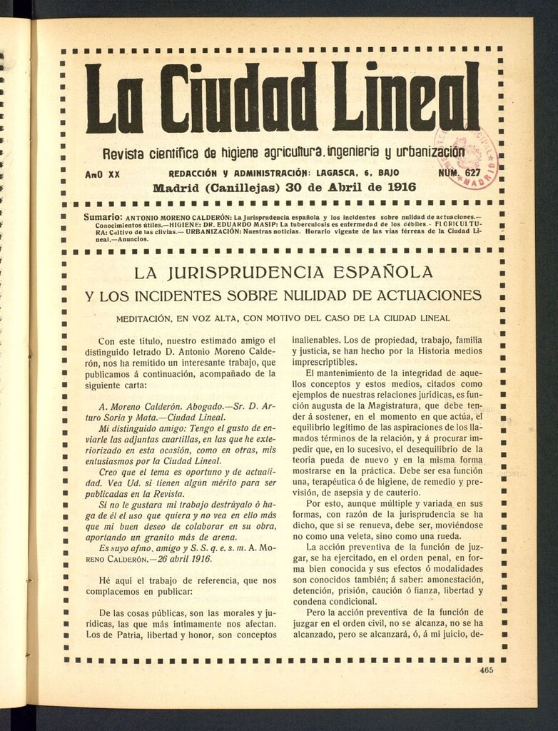 Miniatura de La Ciudad Lineal : órgano oficial de la Compañía Madrileña de Urbanización del 30 de abril de 1916