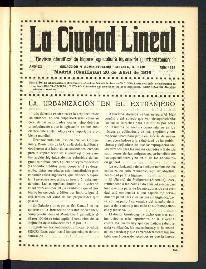 Miniatura de La Ciudad Lineal : órgano oficial de la Compañía Madrileña de Urbanización del 20 de abril de 1916