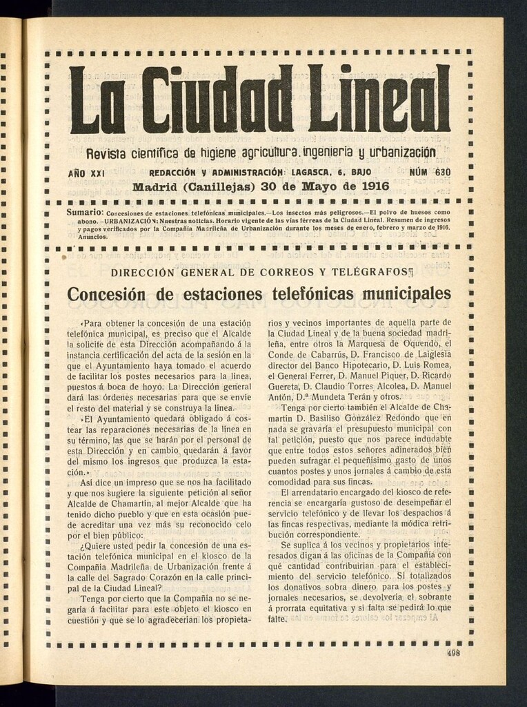 Miniatura de La Ciudad Lineal : órgano oficial de la Compañía Madrileña de Urbanización del 30 de mayo de 1916