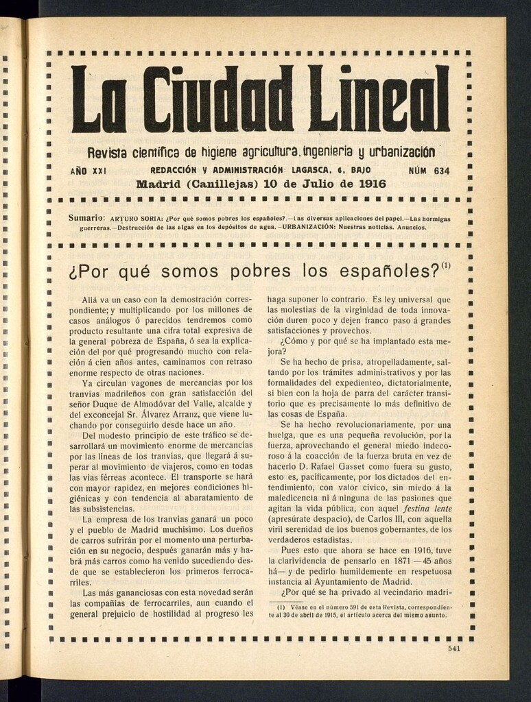 Miniatura de La Ciudad Lineal : órgano oficial de la Compañía Madrileña de Urbanización del 10 de julio de 1916