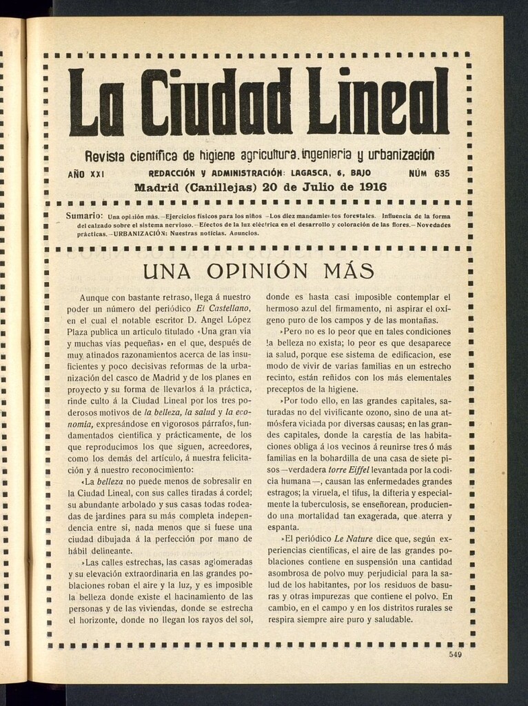 Miniatura de La Ciudad Lineal : órgano oficial de la Compañía Madrileña de Urbanización del 20 de julio de 1916