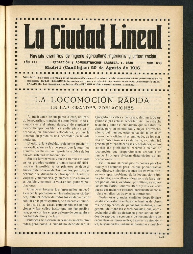Miniatura de La Ciudad Lineal : órgano oficial de la Compañía Madrileña de Urbanización del 20 de agosto de 1916