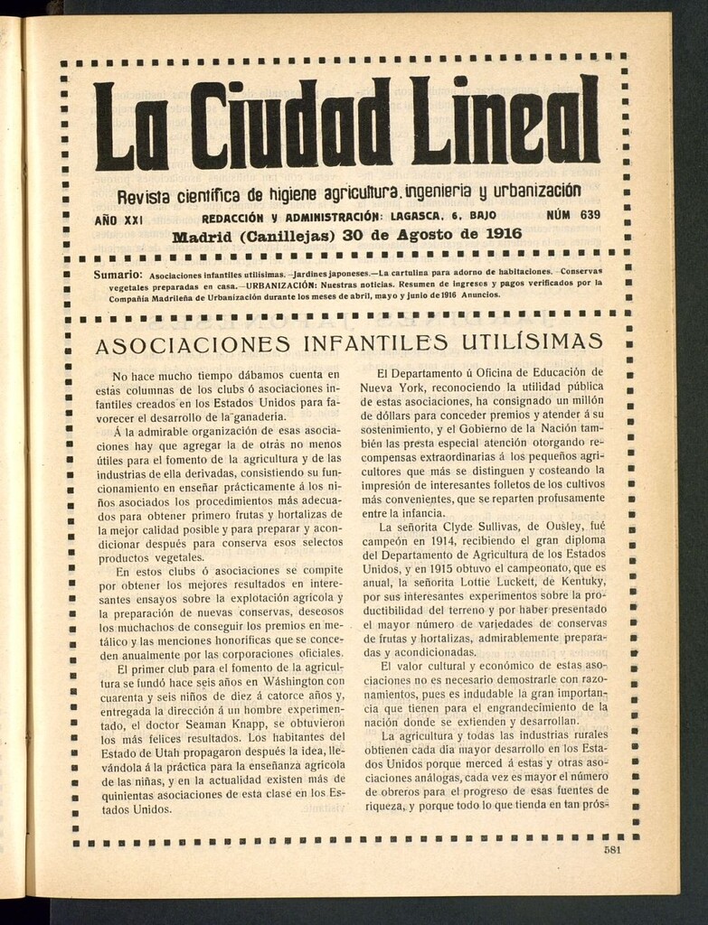 Miniatura de La Ciudad Lineal : órgano oficial de la Compañía Madrileña de Urbanización del 30 de agosto de 1916