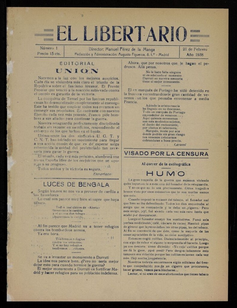 Miniatura de El Libertario : boletín quincenal editado por las Juventudes Libertarias de Cuatro Caminos