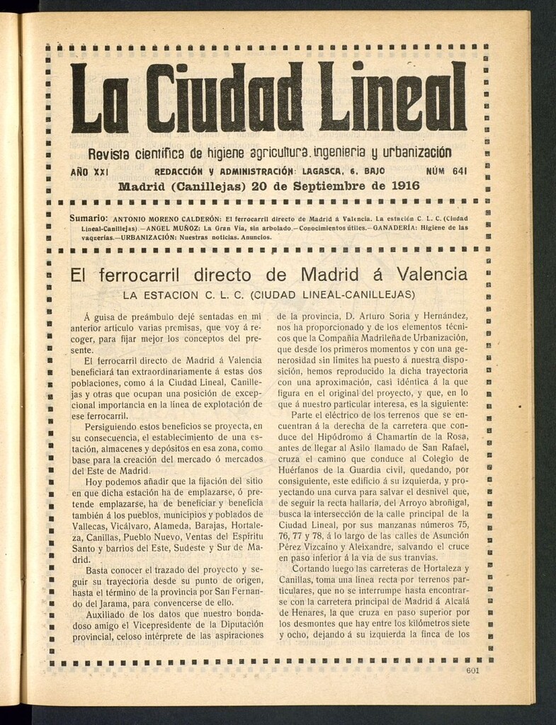 Miniatura de La Ciudad Lineal : órgano oficial de la Compañía Madrileña de Urbanización del 20 de septiembre de 1916
