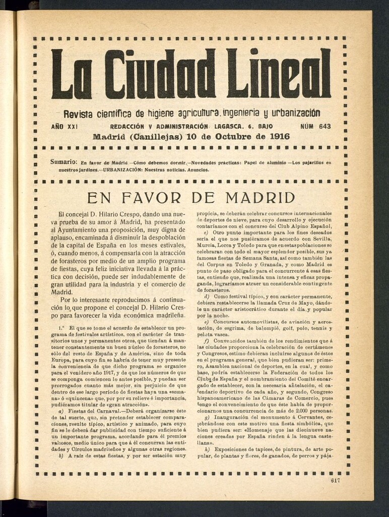 Miniatura de La Ciudad Lineal : órgano oficial de la Compañía Madrileña de Urbanización del 10 de octubre de 1916