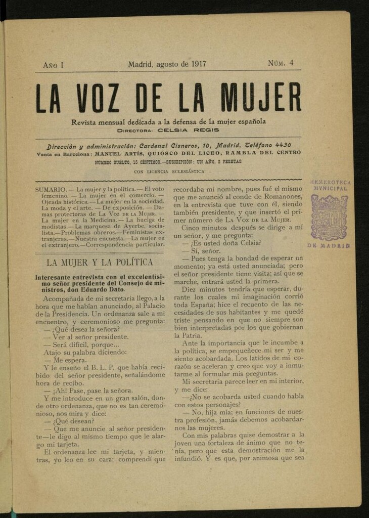 Miniatura de La Voz de la Mujer: revista mensual dedicada a la defensa de la mujer española de agosto de 1917, nº 4