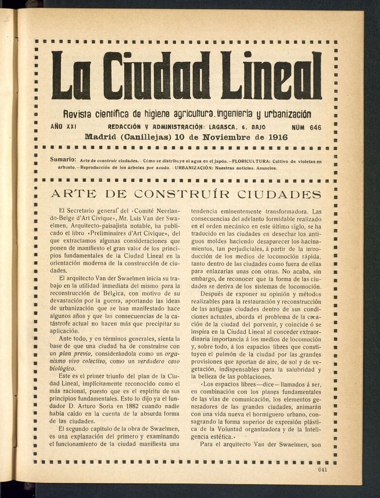 Miniatura de La Ciudad Lineal : órgano oficial de la Compañía Madrileña de Urbanización del 10 de noviembre de 1916