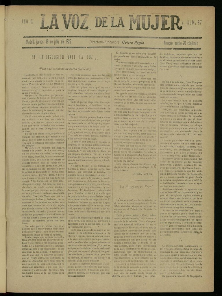 Miniatura de La Voz de la Mujer: revista mensual dedicada a la defensa de la mujer española del 19 de julio de 1925, nº 87