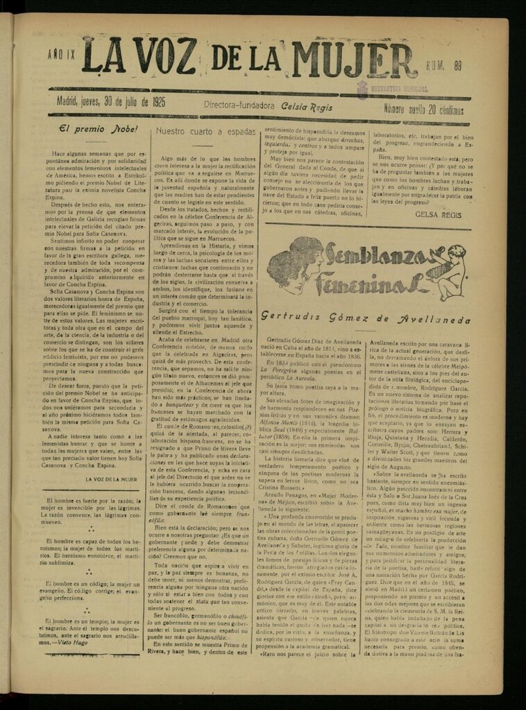Miniatura de La Voz de la Mujer: revista mensual dedicada a la defensa de la mujer española del 30 de julio de 1925, nº 89