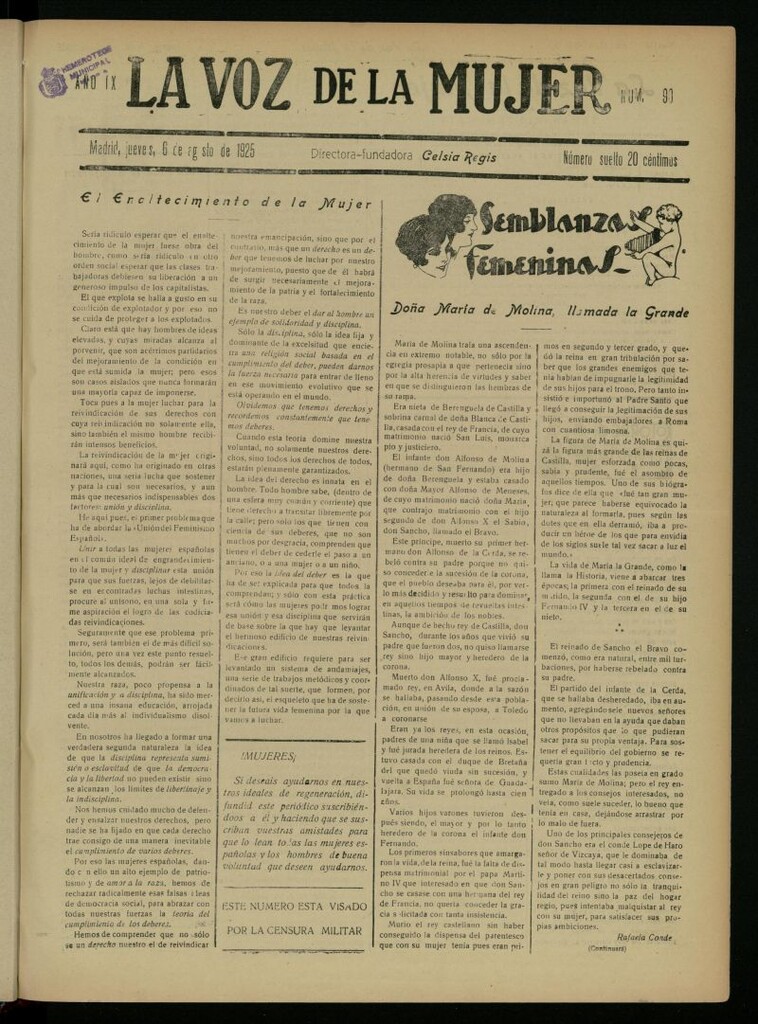 Miniatura de La Voz de la Mujer: revista mensual dedicada a la defensa de la mujer española del 6 de agosto de 1925, nº 90