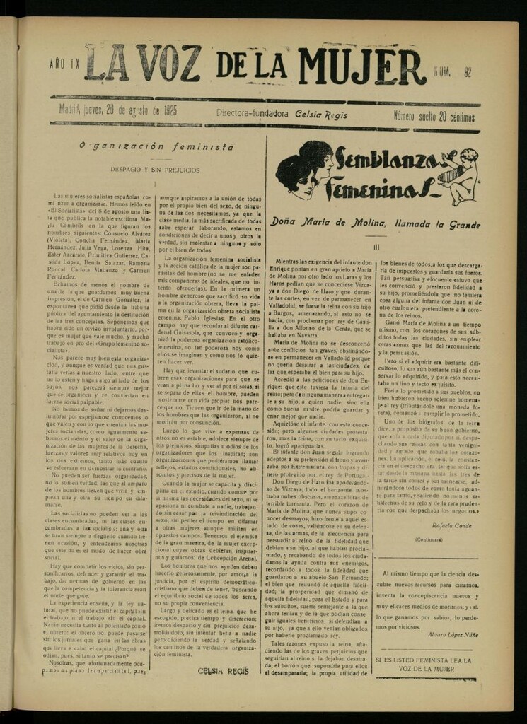Miniatura de La Voz de la Mujer: revista mensual dedicada a la defensa de la mujer española del 20 de agosto de 1925, nº 92