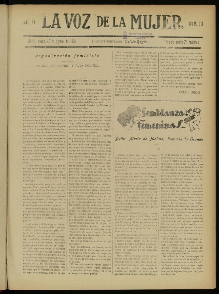 Miniatura de La Voz de la Mujer: revista mensual dedicada a la defensa de la mujer española del 27 de agosto de 1925, nº 93