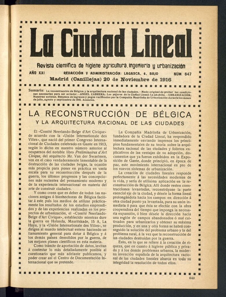 Miniatura de La Ciudad Lineal : órgano oficial de la Compañía Madrileña de Urbanización del 20 de noviembre de 1916