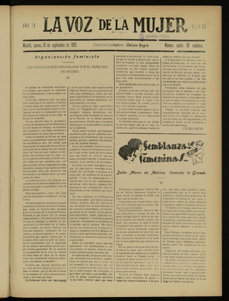 Miniatura de La Voz de la Mujer: revista mensual dedicada a la defensa de la mujer española del 10 de septiembre de 1925, nº 95
