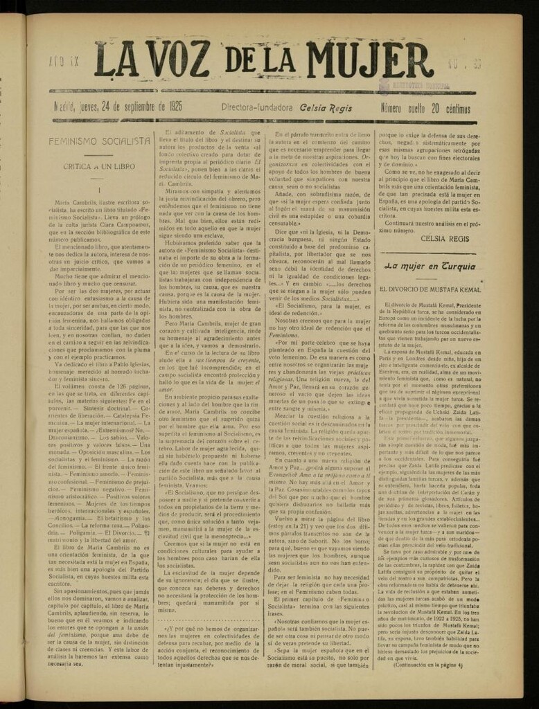 Miniatura de La Voz de la Mujer: revista mensual dedicada a la defensa de la mujer española del 24 de septiembre de 1925, nº 96
