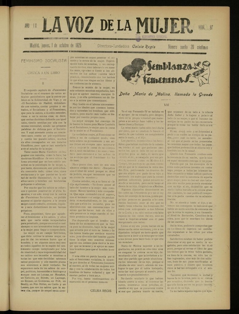 Miniatura de La Voz de la Mujer: revista mensual dedicada a la defensa de la mujer española del 1 de octubre de 1925, nº 97