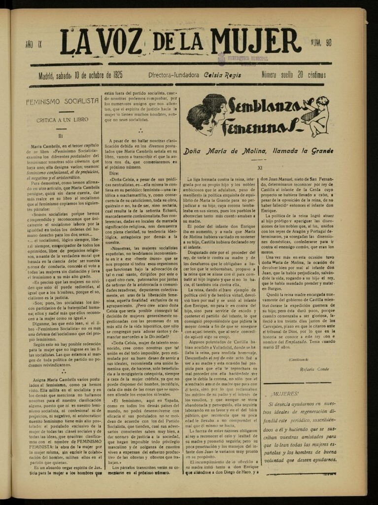 Miniatura de La Voz de la Mujer: revista mensual dedicada a la defensa de la mujer española del 10 de octubre de 1925, nº 98