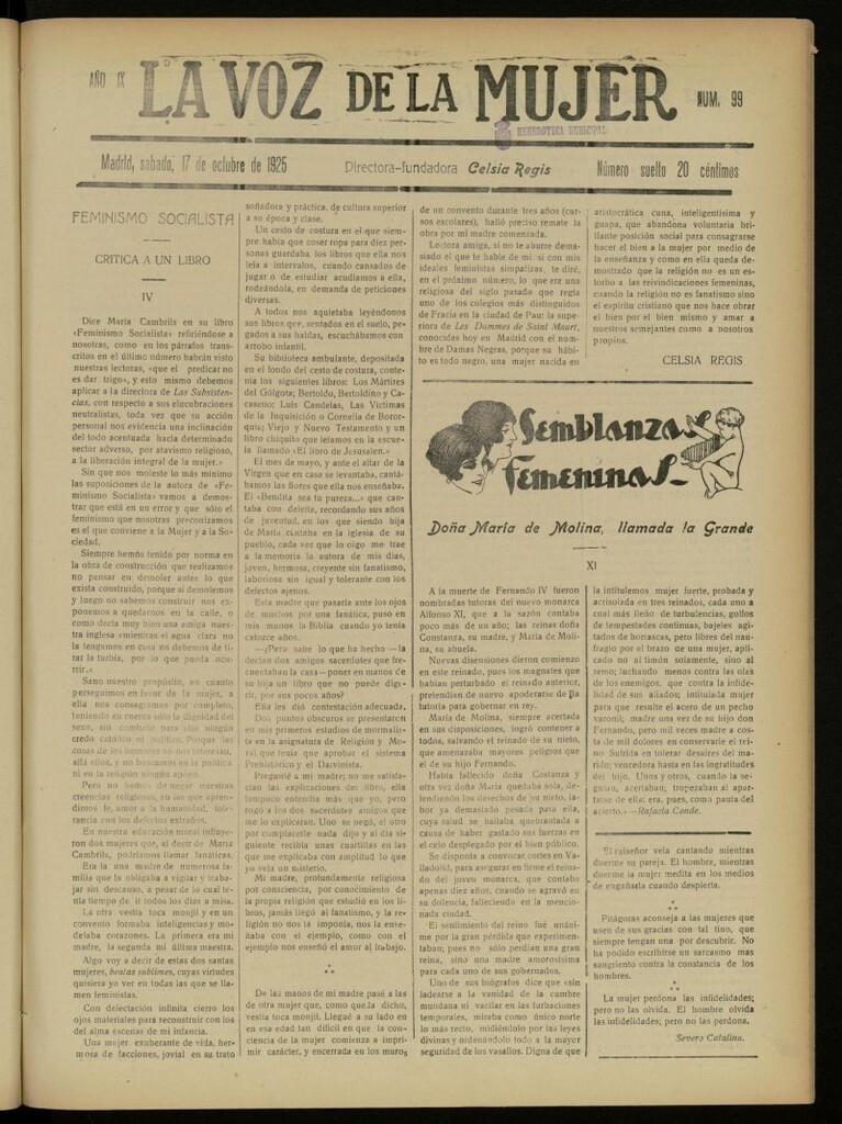 Miniatura de La Voz de la Mujer: revista mensual dedicada a la defensa de la mujer española del 17 de octubre de 1925, nº 99