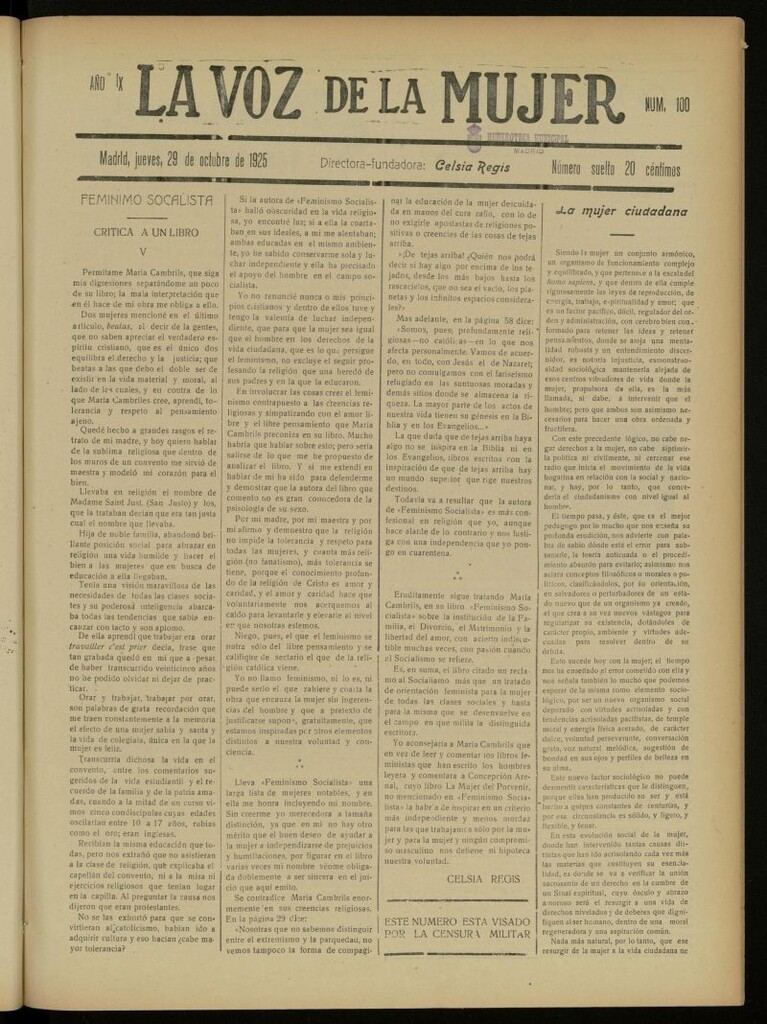 Miniatura de La Voz de la Mujer: revista mensual dedicada a la defensa de la mujer española del 29 de octubre de 1925, nº 100