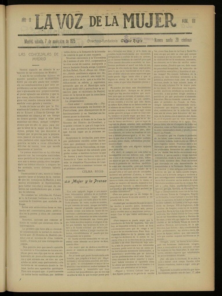 Miniatura de La Voz de la Mujer: revista mensual dedicada a la defensa de la mujer española del 7 de noviembre de 1925, nº 101