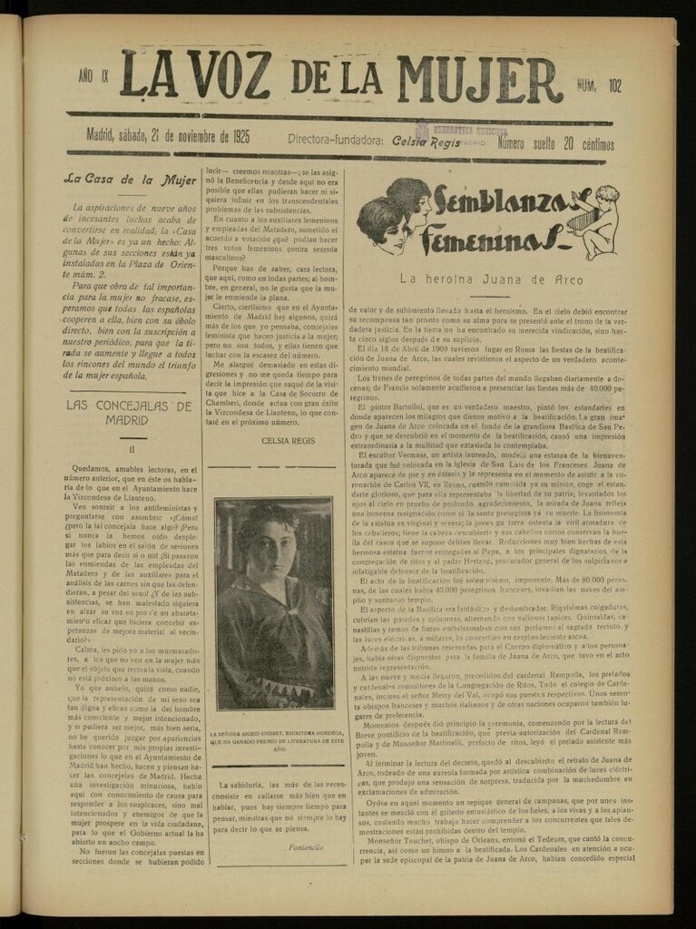 Miniatura de La Voz de la Mujer: revista mensual dedicada a la defensa de la mujer española del 21 de noviembre de 1925, nº 102