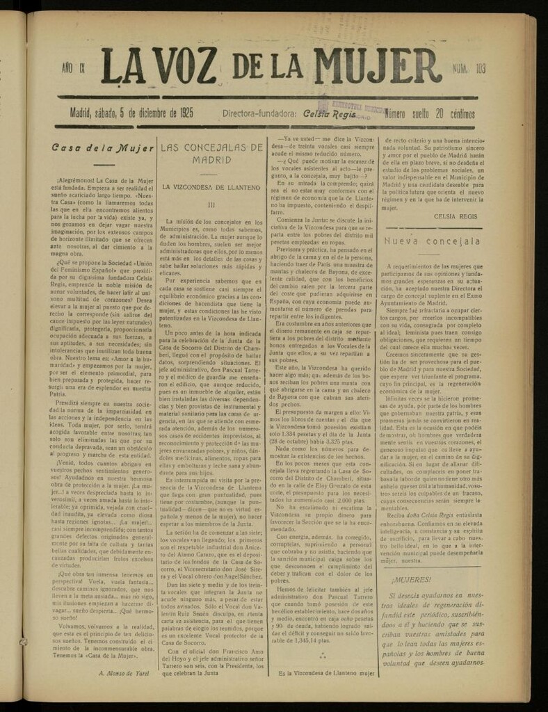 Miniatura de La Voz de la Mujer: revista mensual dedicada a la defensa de la mujer española del 5 de diciembre de 1925, nº 103