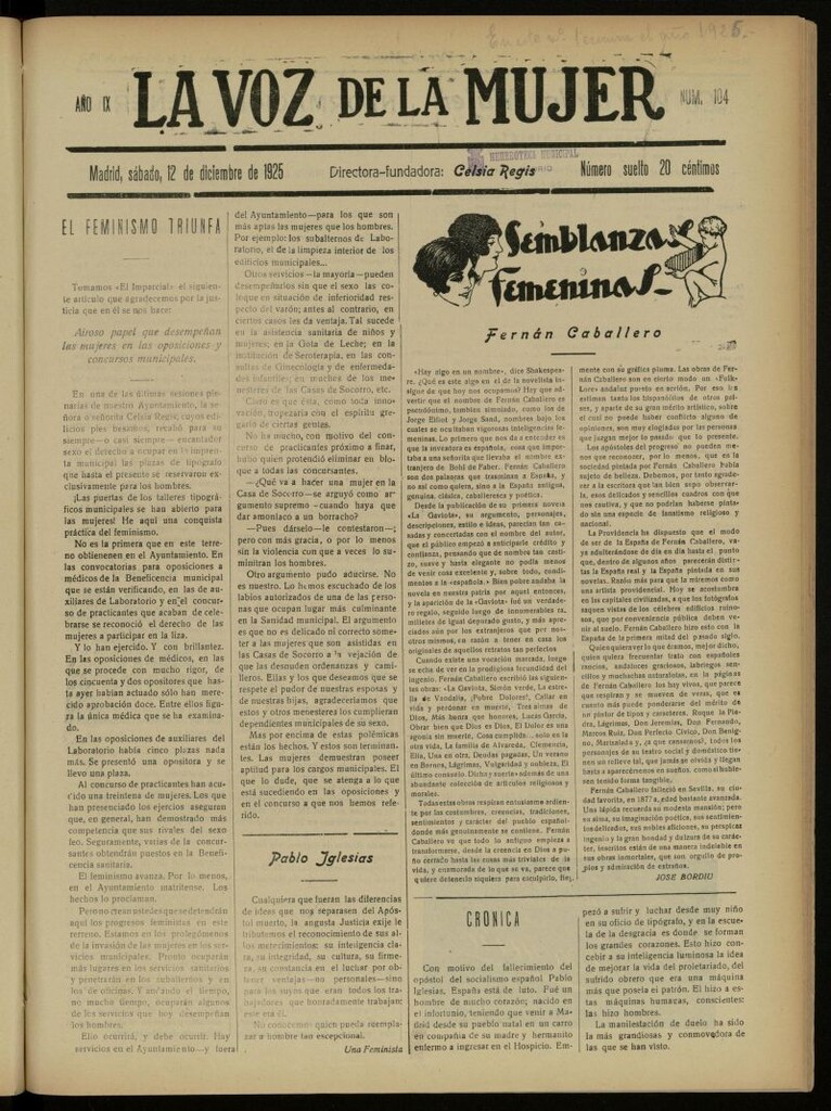 Miniatura de La Voz de la Mujer: revista mensual dedicada a la defensa de la mujer española del 12 de diciembre de 1925, nº 104