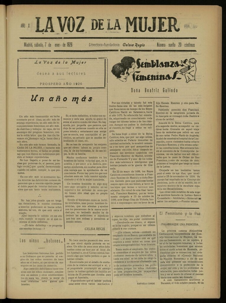 Miniatura de La Voz de la Mujer: revista mensual dedicada a la defensa de la mujer española del 7 de enero de 1926, nº 105
