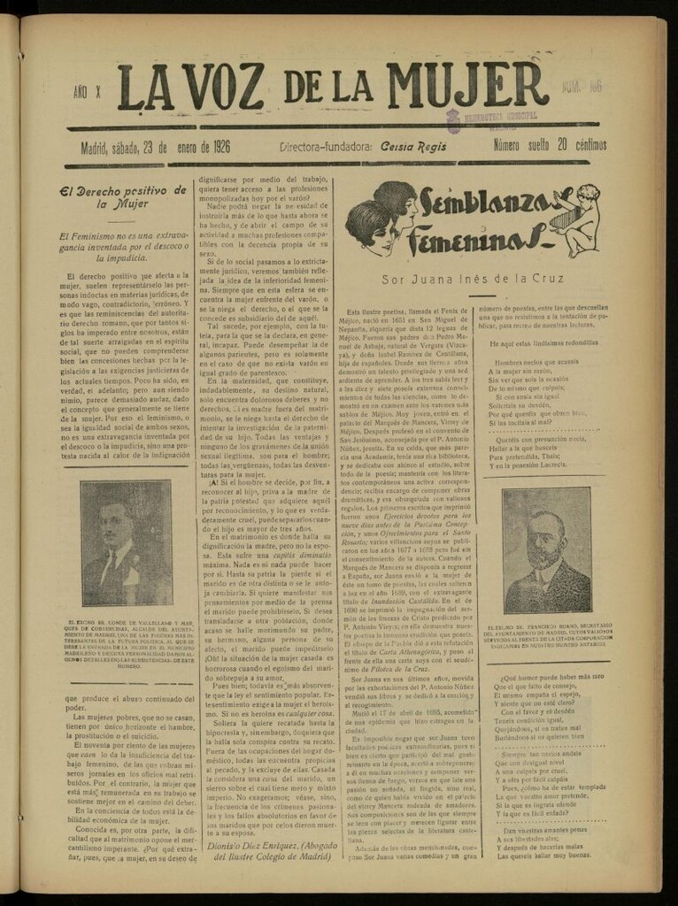 Miniatura de La Voz de la Mujer: revista mensual dedicada a la defensa de la mujer española del 23 de enero de 1926, nº 106