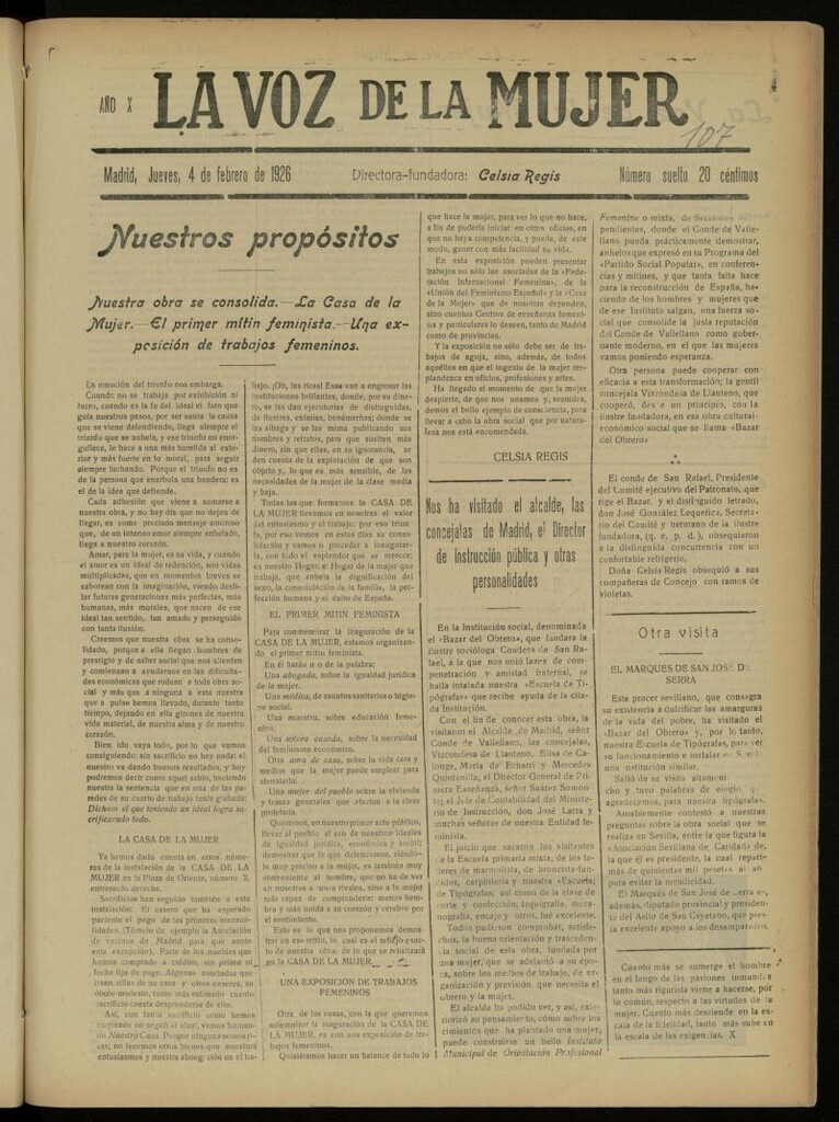 Miniatura de La Voz de la Mujer: revista mensual dedicada a la defensa de la mujer española del 4 de febrero de 1926, nº 107