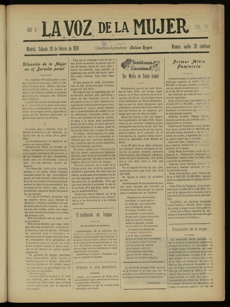 Miniatura de La Voz de la Mujer: revista mensual dedicada a la defensa de la mujer española del 20 de febrero de 1926, nº 109