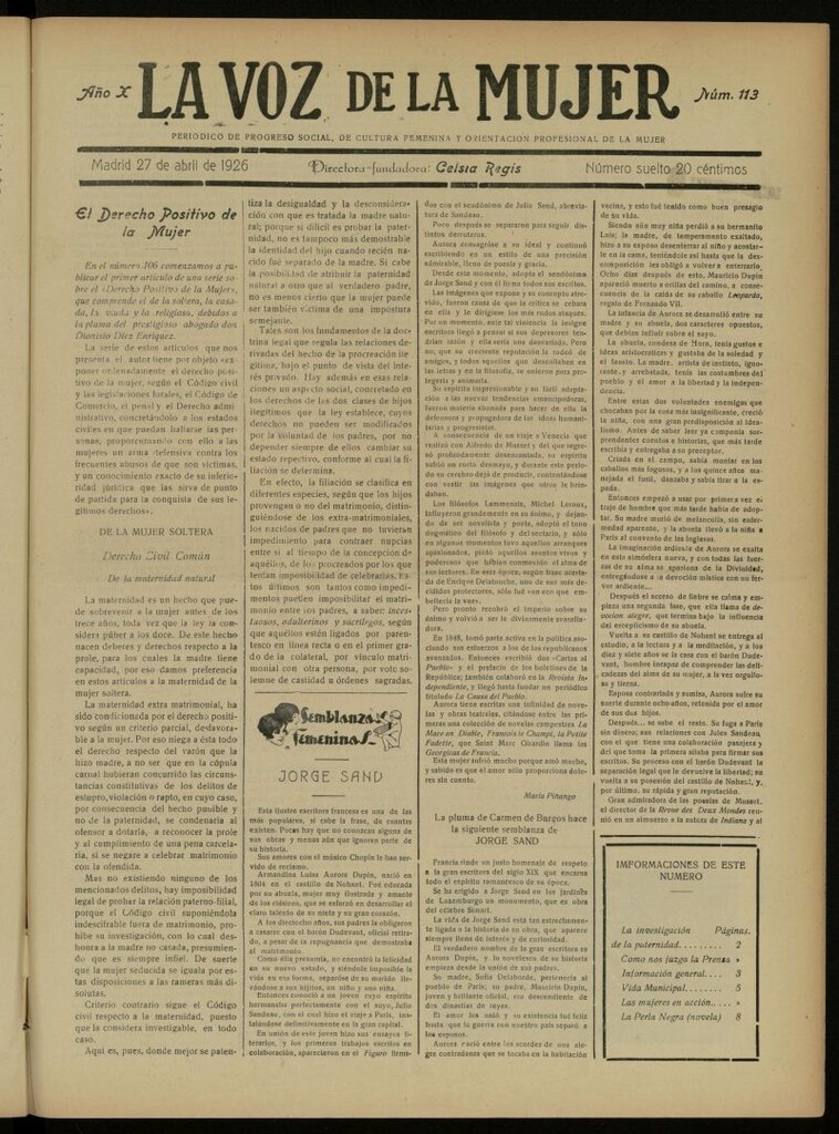 Miniatura de La Voz de la Mujer: revista mensual dedicada a la defensa de la mujer española del 27 de abril de 1926, nº 113