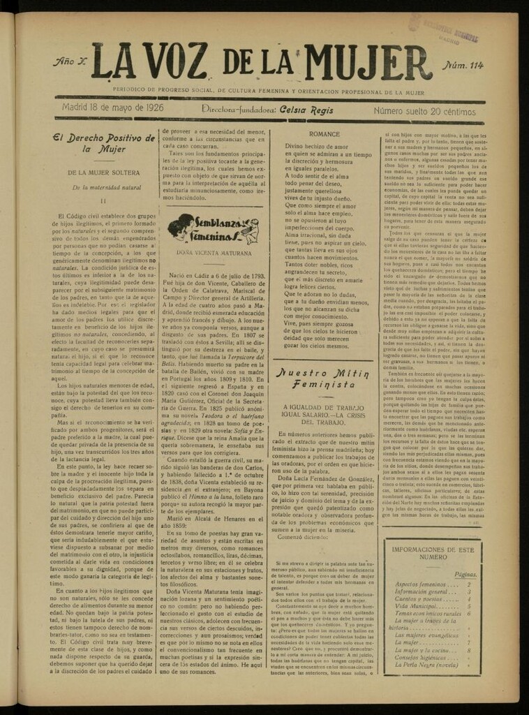 Miniatura de La Voz de la Mujer: revista mensual dedicada a la defensa de la mujer española del 18 de mayo de 1926, nº 114