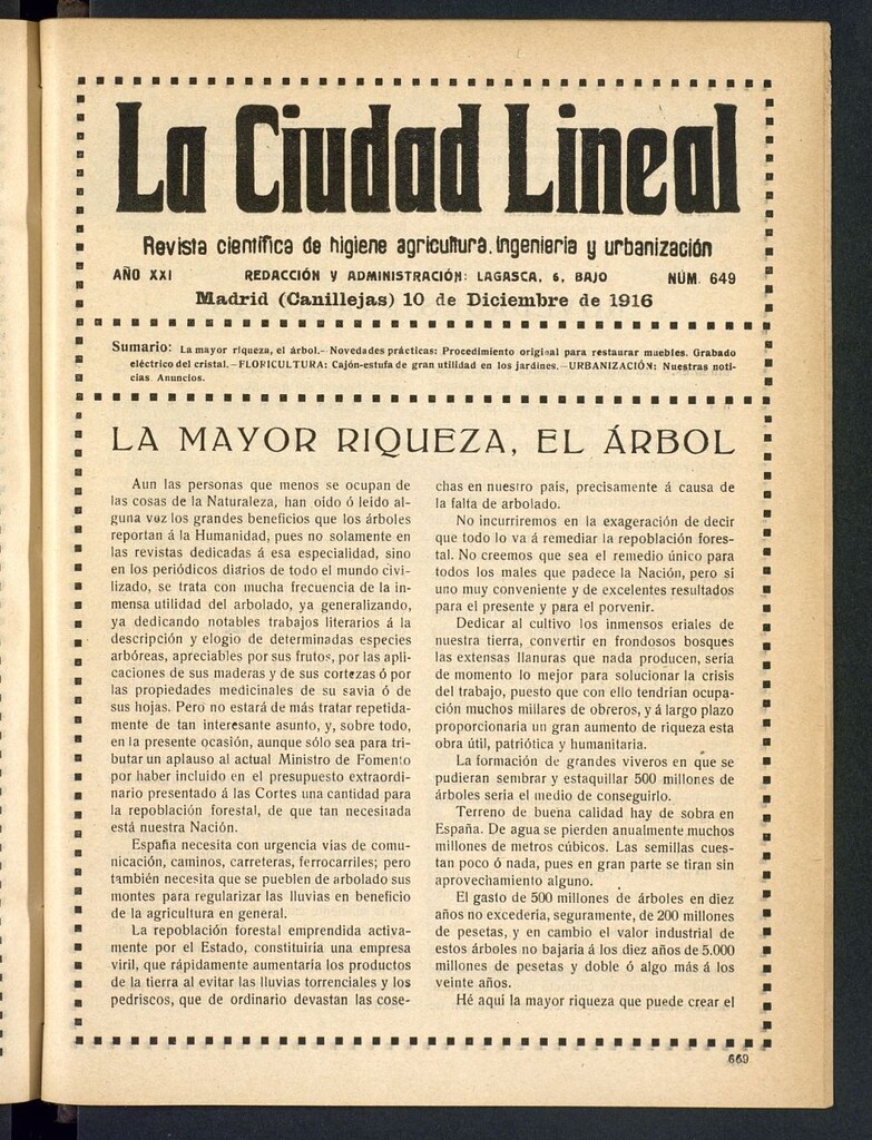 Miniatura de La Ciudad Lineal : órgano oficial de la Compañía Madrileña de Urbanización del 10 de diciembre de 1916