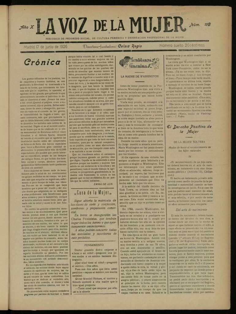 Miniatura de La Voz de la Mujer: revista mensual dedicada a la defensa de la mujer española del 17 de junio de 1926, nº 116
