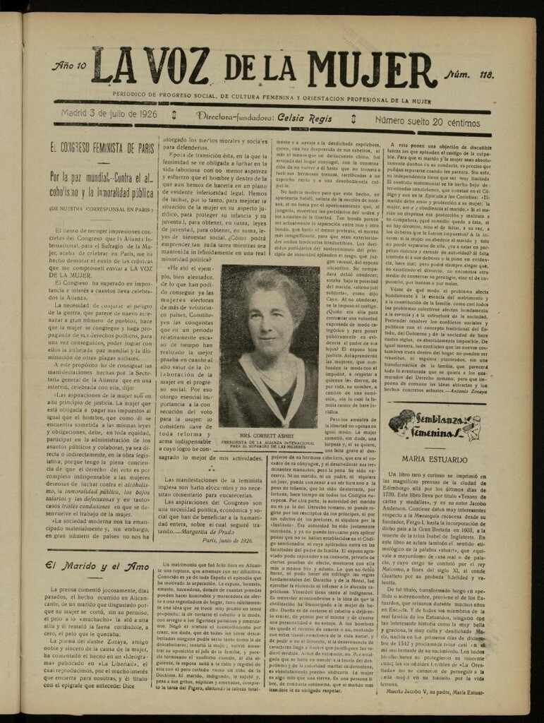 Miniatura de La Voz de la Mujer: revista mensual dedicada a la defensa de la mujer española del 3 de julio de 1926, nº 118