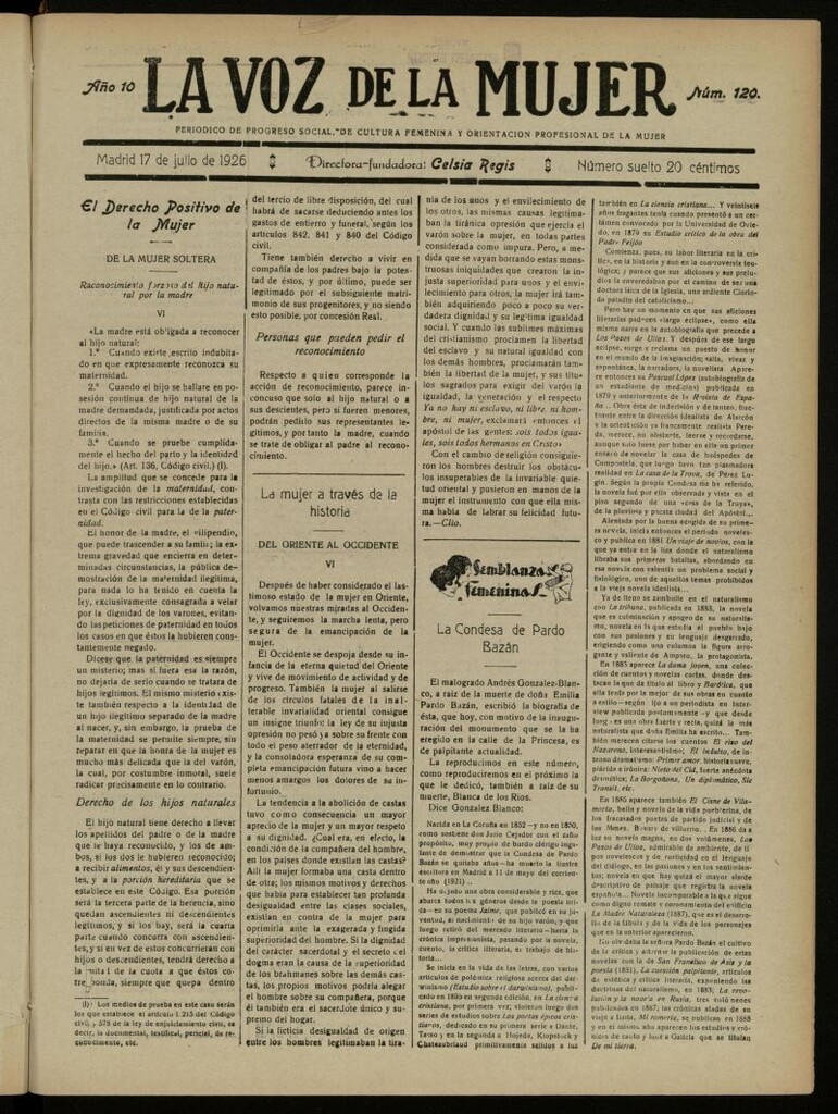 Miniatura de La Voz de la Mujer: revista mensual dedicada a la defensa de la mujer española del 17 de julio de 1926, nº 120