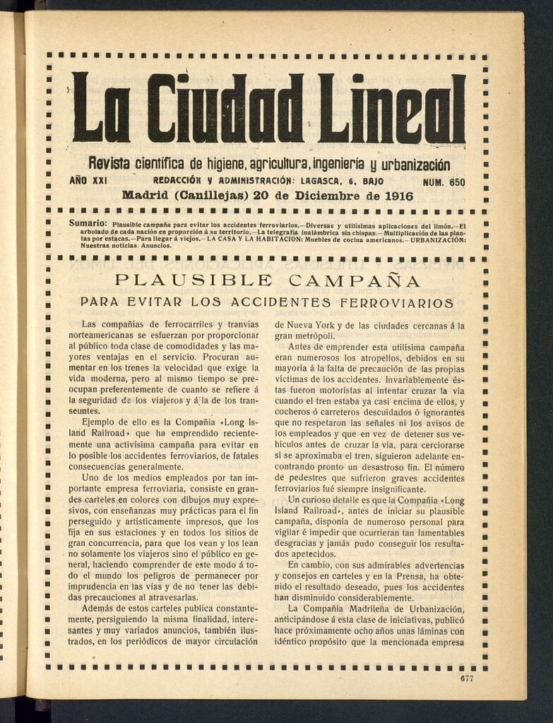 Miniatura de La Ciudad Lineal : órgano oficial de la Compañía Madrileña de Urbanización del 20 de diciembre de 1916
