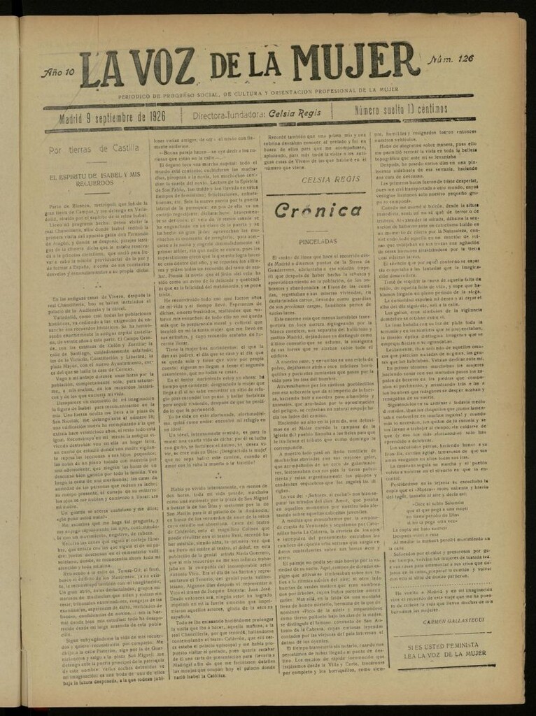 Miniatura de La Voz de la Mujer: revista mensual dedicada a la defensa de la mujer española del 9 de septiembre de 1926, nº 126