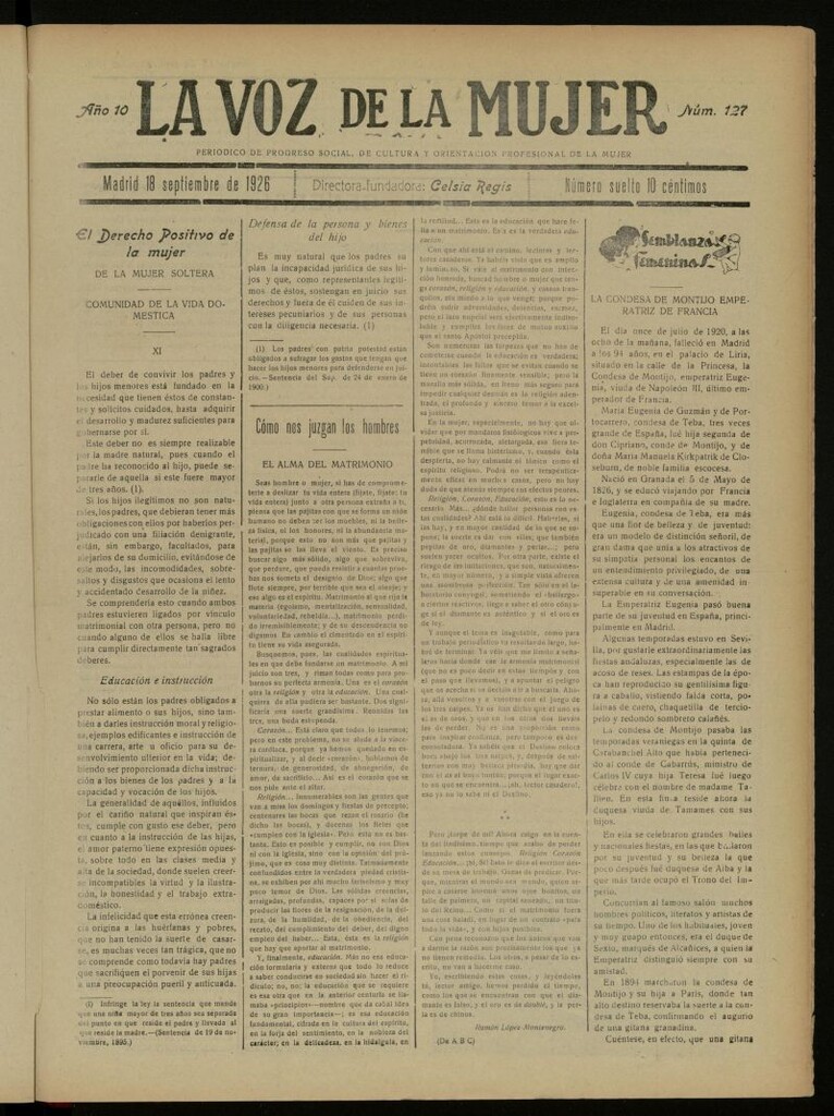 Miniatura de La Voz de la Mujer: revista mensual dedicada a la defensa de la mujer española del 18 de septiembre de 1926, nº 127