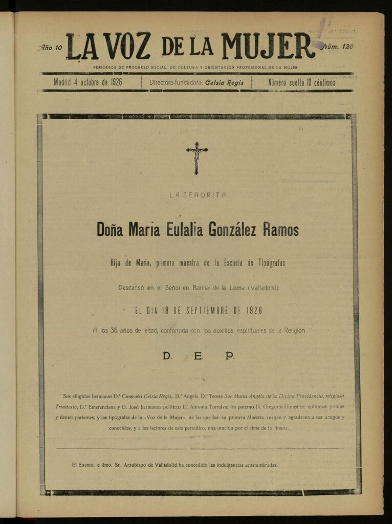 Miniatura de La Voz de la Mujer: revista mensual dedicada a la defensa de la mujer española del 4 de octubre de 1926, nº 128