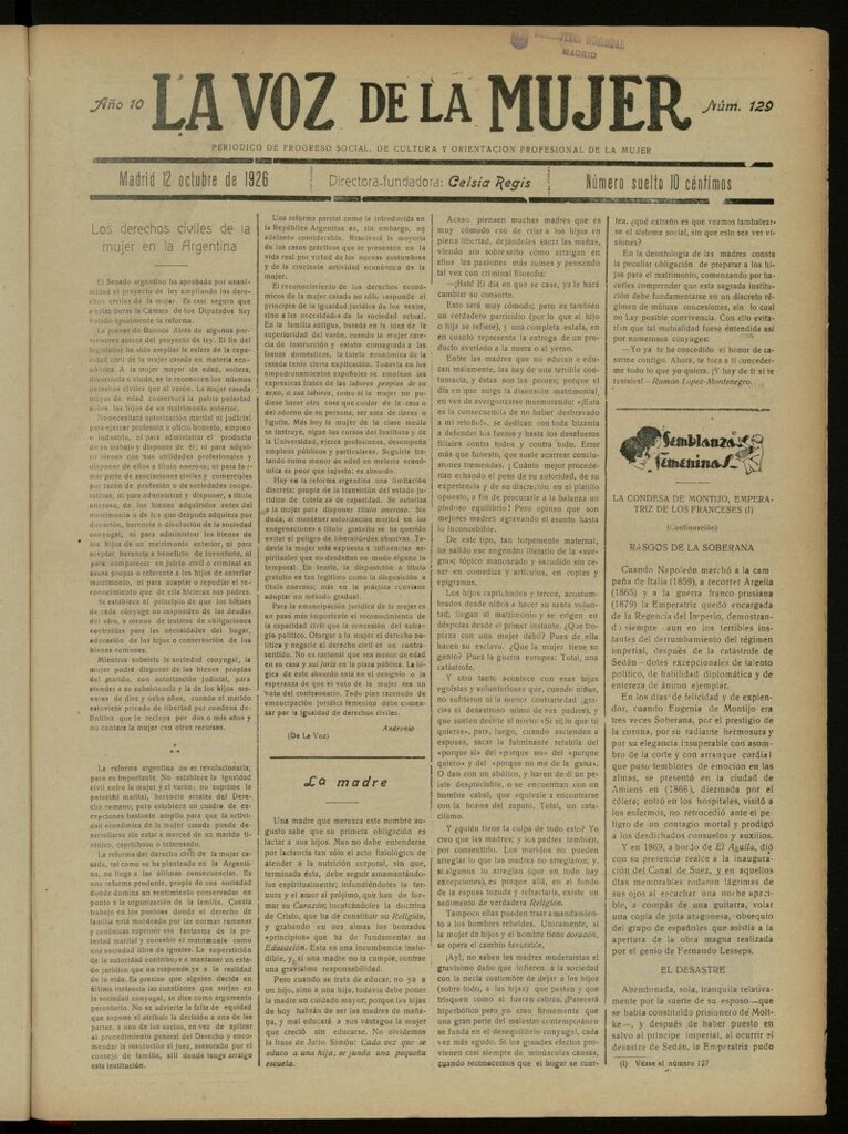 Miniatura de La Voz de la Mujer: revista mensual dedicada a la defensa de la mujer española del 12 de octubre de 1926, nº 129