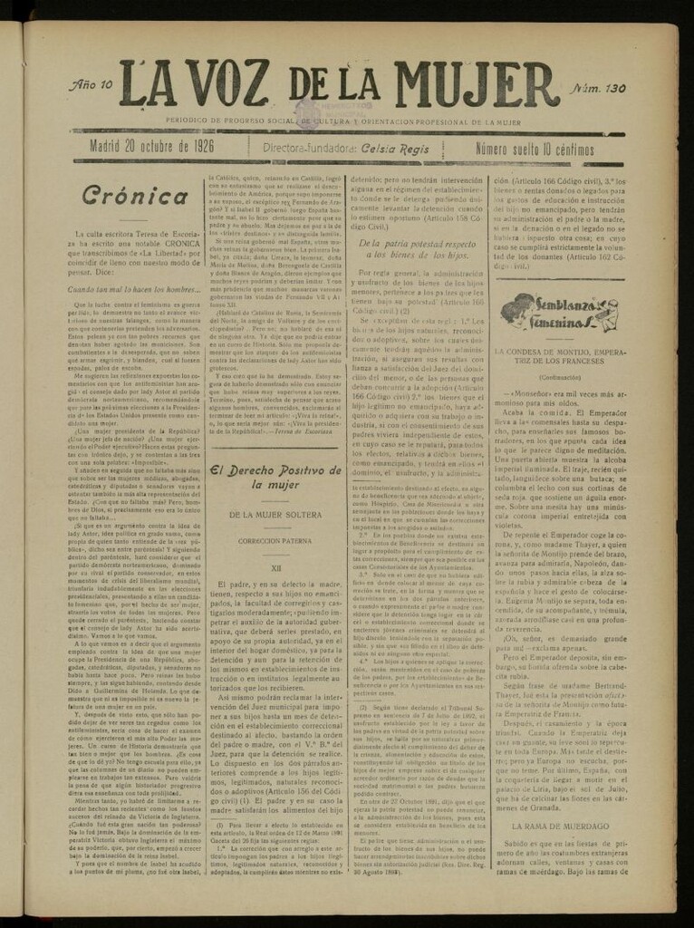 Miniatura de La Voz de la Mujer: revista mensual dedicada a la defensa de la mujer española del 20 de octubre de 1926, nº 130