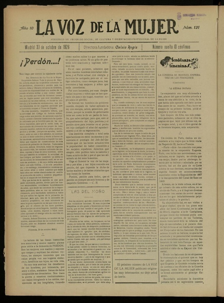 Miniatura de La Voz de la Mujer: revista mensual dedicada a la defensa de la mujer española del 30 de octubre de 1926, nº 131